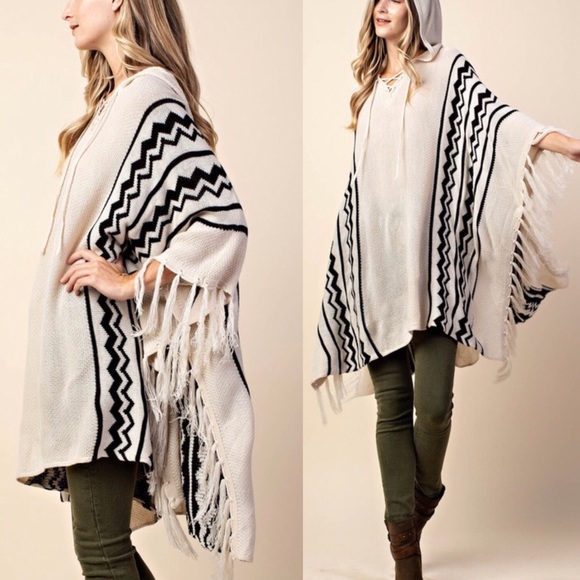 RELISTED Hooded Fringe Premium Cotton Blend Knit Poncho - Picture 3 of 8